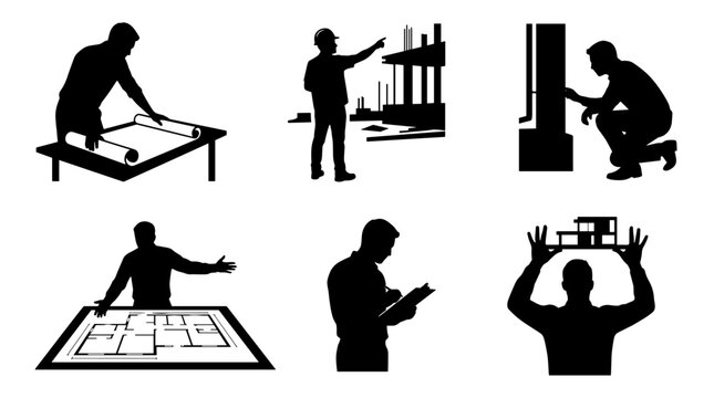Collection of silhouetted professionals: architect review blueprint builder inspect site engineer work