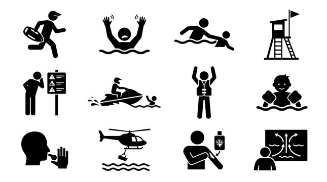 Water Safety and Rescue Icons: Essential Pictograms for Aquatic Environments and Emergency Readiness