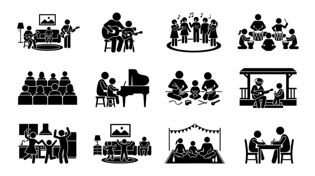Family Activities and Music Fun Set: Stick Figures Show Learning Play Performance and Togetherness