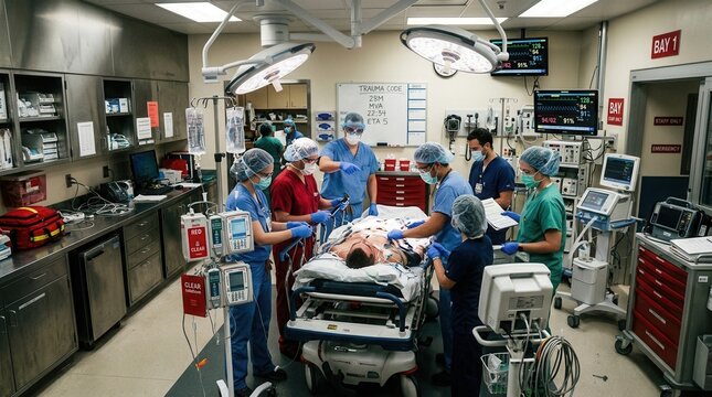 Emergency Medical Team in Action: Life-Saving Procedures Performed in a High-Tech Trauma Bay