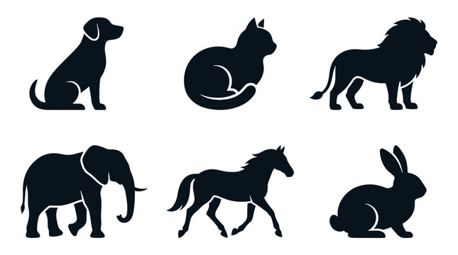 Collection of various animal silhouettes: dog cat powerful lion large elephant gracefull horse cute bunny