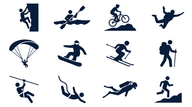 Dynamic Collection of Adventure Sports Icons: Emblematic Silhouettes Representing Thrill and Outdoor Activity