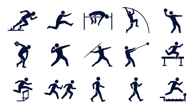 Dynamic track and field sport pictograms showcasing various athletic disciplines and competition