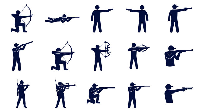 Set of human silhouettes shooting with various weapons: bow rifle shotgun pistol and crossbow