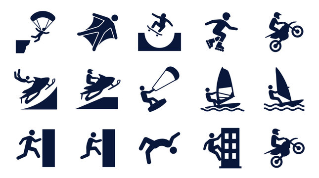 Dynamic Extreme Sports and Adventure Activities Icons Set: Thrill Action and Recreation Concepts