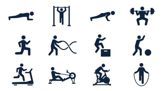 Comprehensive collection of fitness and exercise icons for health workout and active lifestyle designs
