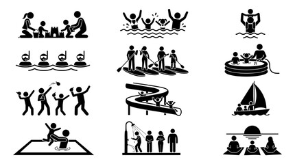 Fototapeta premium A collection of stick figures depicting various outdoor and water-related family summer vacation activities
