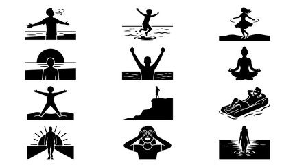 Obraz premium Collection of silhouetted figures engaged in various outdoor and leisure activities illustrating freedom
