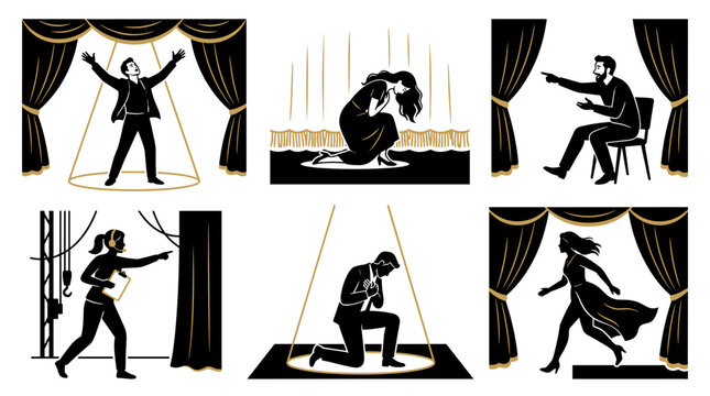 Collage of theater scenes with actors performing on stage and backstage crew working with props