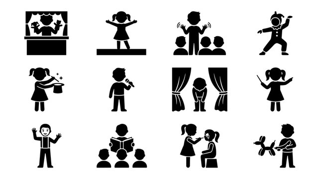 Collection of children performance and entertainment icons: various stage acts and creative play