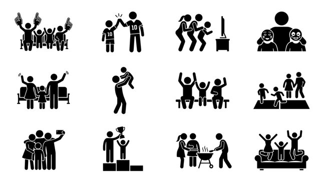 Collection of iconic stick figures depicting family fun parent and child bonding and social activities