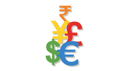 Fototapeta premium A dynamic illustration featuring stacked international currency symbols such as the Dollar, Euro, Pound, Yen, and Rupee, signifying global finance, economic exchange, and diverse markets