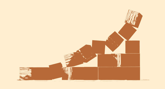 Dynamic stylized illustration of a constructed block formation in a state of collapse, conveying themes of instability, downfall, and failure in a clean graphic design