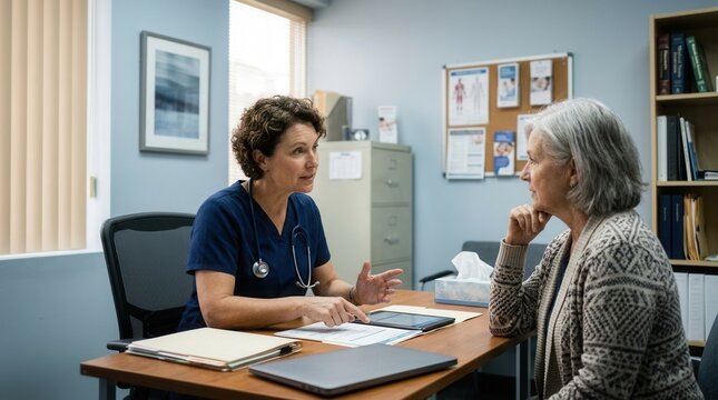 Empathetic Doctor Consults With Elderly Patient Discussing Health Concerns In Office