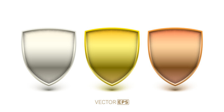 Glossy metallic shield set silver, gold, and bronze 3D badges.
