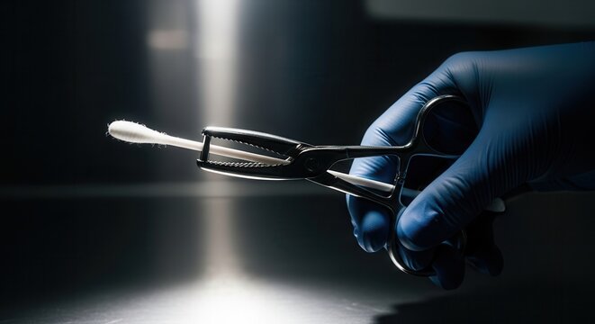 Forensic Examination: Detailed View of a Swab Held by Surgical Forceps
