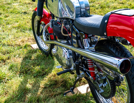 Earsham, Norfolk, UK - May 03 2026. Close and side on view of a vintage and classic and vintage BSA motorcycle on show at a free to enter transport event
