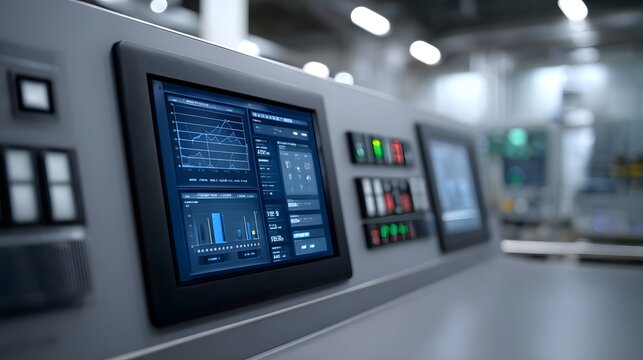 Close up view of a sophisticated control panel displaying multiple graphs and ope nal data in a modern industrial setting