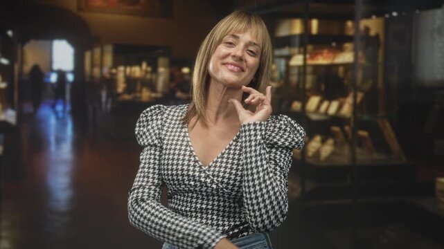 Woman touches chin with finger and smiles while crossing arm in museum building; confidence reflection warmth.