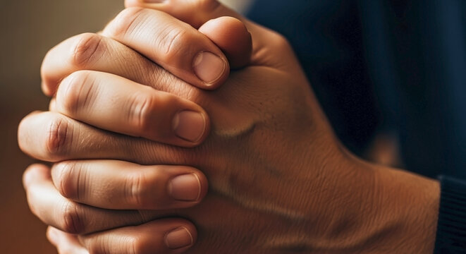 Close up of adult hands in prayer, fingers interlocked in earnest appeal. Person expressing spiritual devotion with hands in prayer, seeking comfort and silent reflection. Concept of faith, hope.