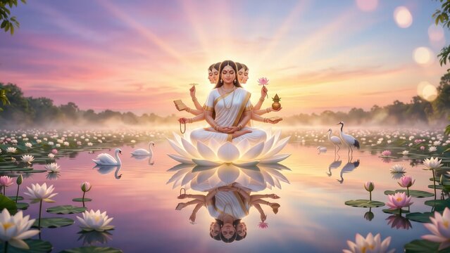 Gayatri Mata Lotus Lake Sunrise &ndash; Serene Divine Meditation Scene