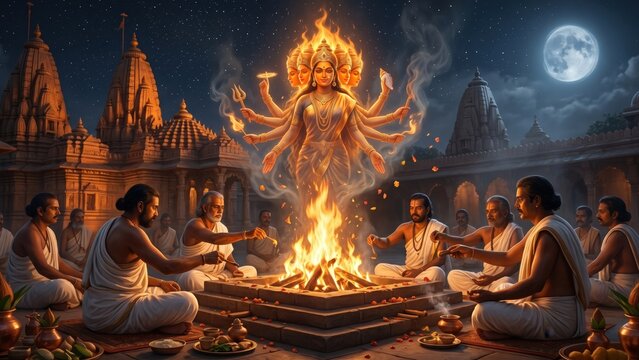 Gayatri Devi Havan Ritual Fire &ndash; Night Temple Spiritual Invocation