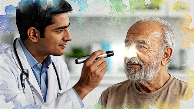 A male doctor checks an elderly man's eyes using a penlight. Professional healthcare consultation in a bright clinic setting with a watercolor artistic effect. Ideal for medical or geriatric care.