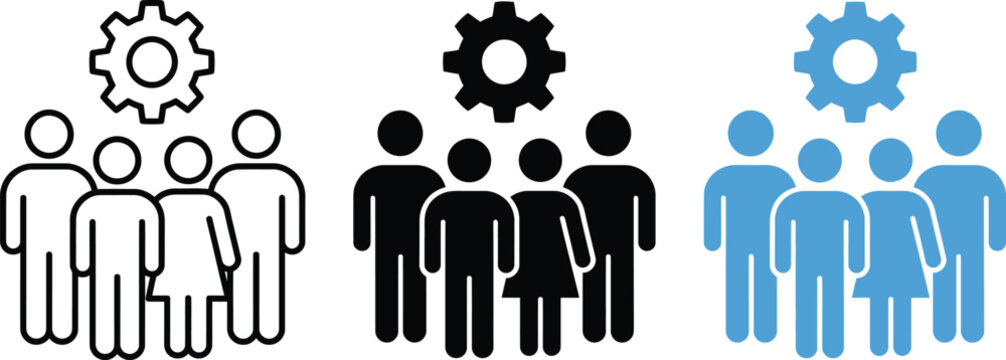 Teamwork and collaboration icon set three variations of people with gears