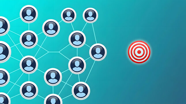 Social network user icons connected with target marker symbolizing audience targeting strategy