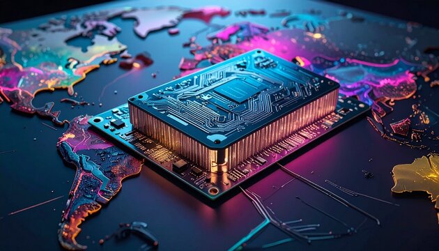 A glowing microchip rests on a circuit board against a fluid, colorful world-map background, symbolizing technology&rsquo;s precision and its global influence across cultures and systems.