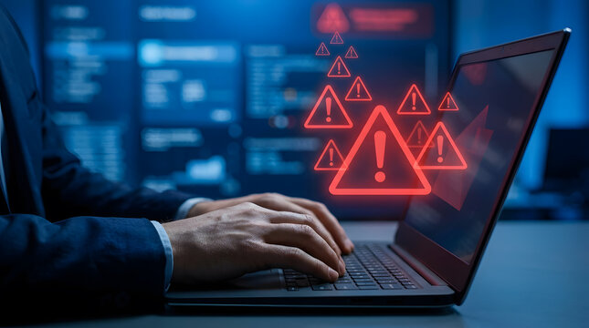 Cybersecurity warning icons over laptop keyboard with business person working in office
