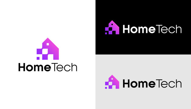 Modern Minimalist House Logo Icon Design with Digital Pixelated Gradient Tech Elements for Smart Home Automation and Real Estate Technology Company Branding