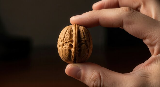 Holding a Textured Walnut Nut between Fingers with Dramatic Shadow and Detailed Focus