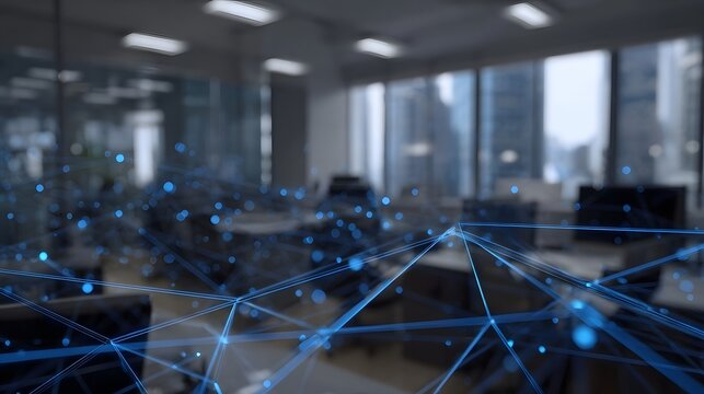 Abstract digital network overlaying a modern corporate office environment symbolizing global data connectivity and information analysis