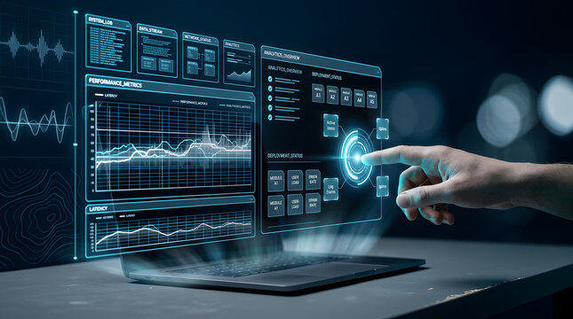Hand touching futuristic analytics dashboard with network status and performance metrics for AI