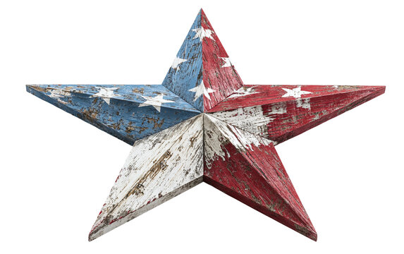 Rustic patriotic wooden star ornament with worn paint finish and minimal product photography style Isolated on transparent background PNG