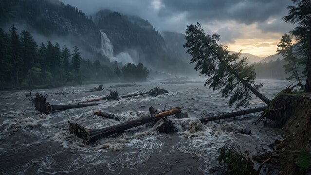 Flash Flood River Carrying Tree Trunks India - Extreme Monsoon Water Force