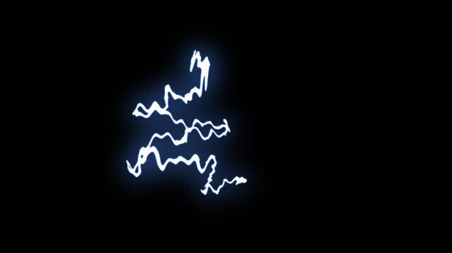 Hand drawn cartoon electric lightning FX with vertical blue thunder strike, glowing energy sparks, flash boom explosion and storm arcs, isolated black background for action VFX scenes in 4K