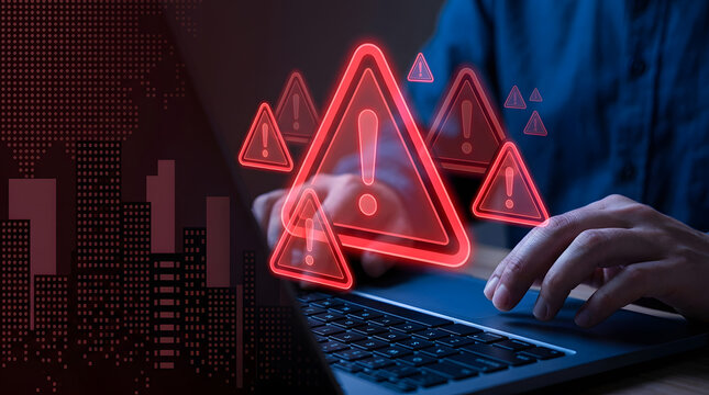 Cybersecurity warning on laptop keyboard with glowing error icons and digital city backdrop