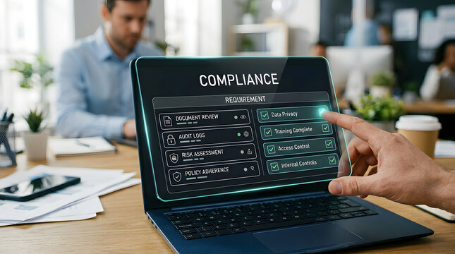 Compliance checklist on laptop screen with hand selecting requirements in modern office