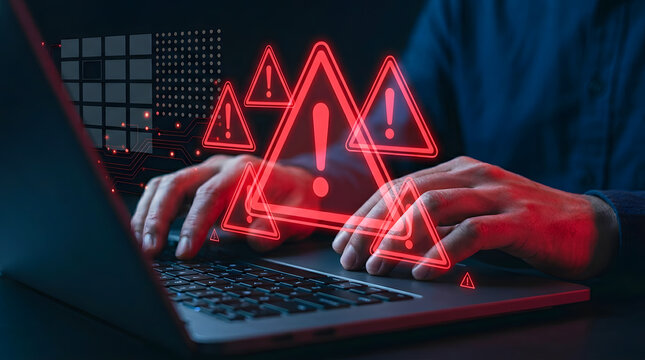 Cybersecurity threat warning on laptop screen with glowing danger icons over hands typing