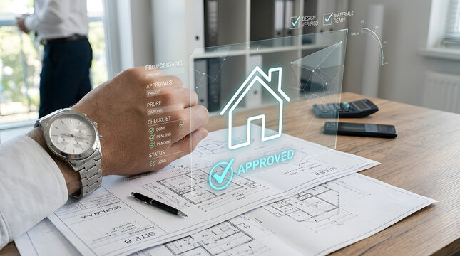 Construction project approval workflow on blueprint with digital status checklist and house icon