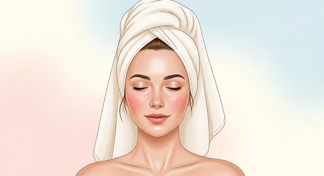 Beautiful young woman with a white towel wrapped around her head after a refreshing bath