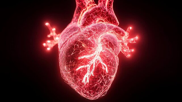 3D animation of heart model showing blood vessels and pulsation during medical research