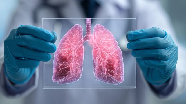 Doctor displays a digital image of human lungs in a medical setting during a health examination