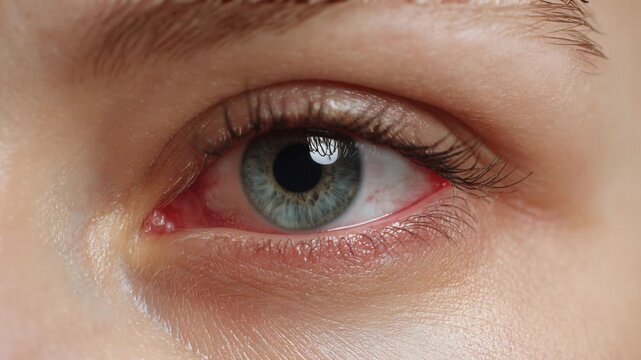 Eye exam showing close-up view of a human eye with blue iris and open eyelid in a bright setting