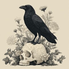 Obraz premium Detailed black and white sketch of a crow perched on a patterned skull with floral background, ideal for tattoos, posters, and gothic stationery. Artistic ink drawing in a classic etching style.