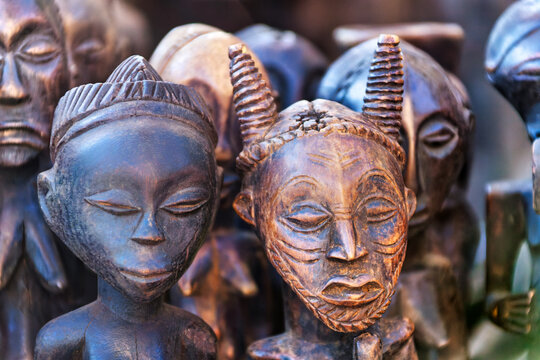 Traditional Baule Horned Spirit Figures and Ancestor Sculptures ancestor statues with distinctive hairstyles