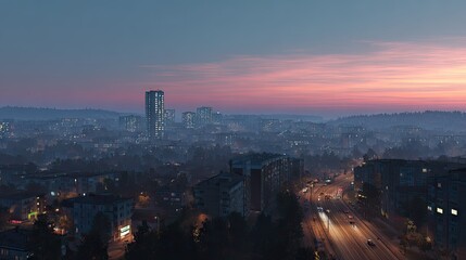 Fototapeta premium Cityscape at dusk with buildings and colorful sky above the horizon