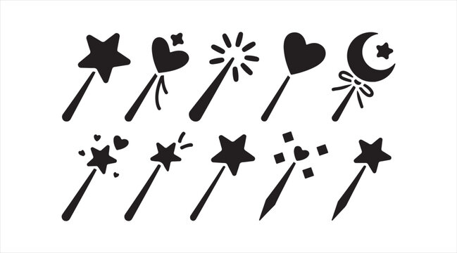 Fantasy magic wand icon set, mystical spell casting symbols with celestial elements for kids themes and imaginative graphics